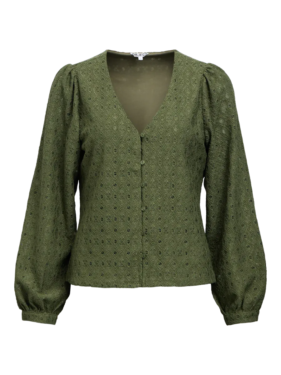 OBJLAILA L/S V-NECK TOP BRONZE GREEN
