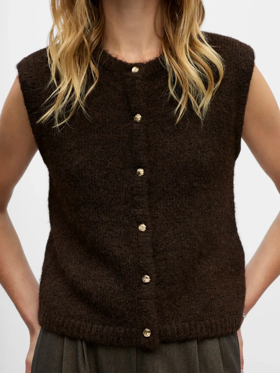 OBJSAGGIA RE KNIT VEST CARDIGAN SEAL BROWN MELANGE